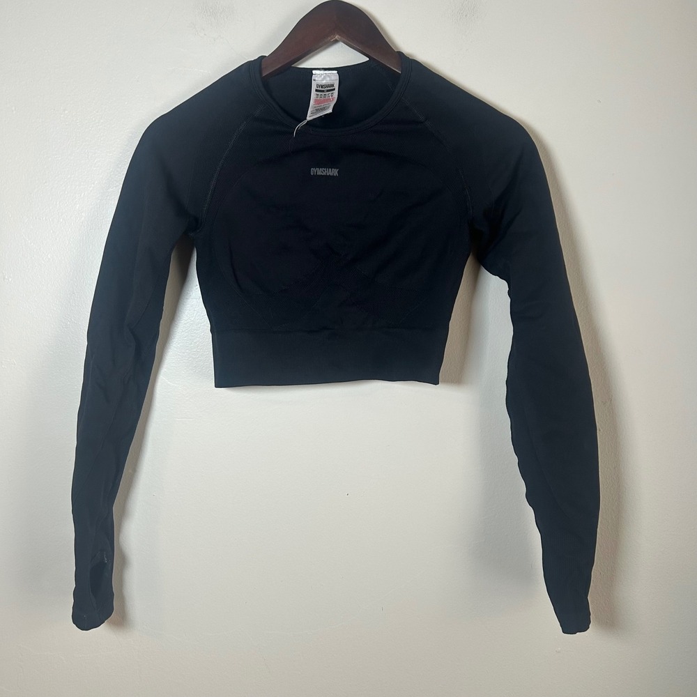 Gymshark Black Seamless Long Sleeve‎ Cropped Workout Top Thumbholes Size M